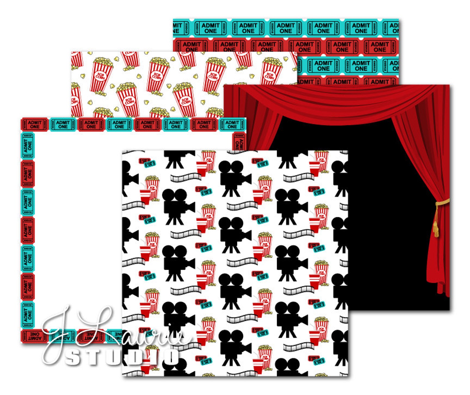 Digital Scrapbook Papers-Movie Night-Popcorn-Theatre-Film | Etsy