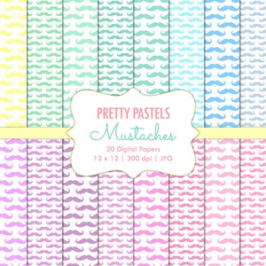 Pastel Mustaches-Digital Scrapbook Papers-Commercial Use-Baby Shower-Hipster-Yellow-Gender Neutral-Printable-Instant Download Clip Art