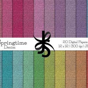 May include: 20 digital papers with a denim texture in various shades of blue, green, pink, purple, and brown. The papers are 12x12 inches and 300 dpi. The text "Springtime Denim" is at the top of the image.