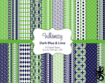 Whimsical Patterns-Dark Blue and Lime-Digital Scrapbook Papers-Commercial Use-Green and Blue-Whimsy-Harlequin-Patchwork-Instant Download