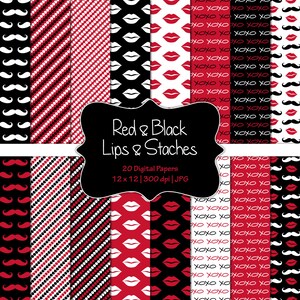 Red and Black-Lips and Bigodes-Valentines-Digital Scrapbook Papers-Commercial Use-His and Hers-Hearts-Instant Download Clip Art