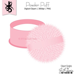 May include: A pink powder puff with a fluffy texture and a pink ribbon. The powder puff is next to a pink powder compact with a white interior.