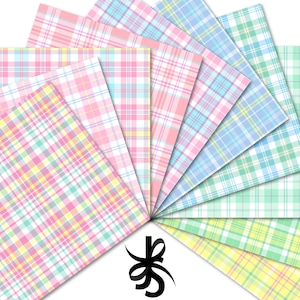 May include: A set of ten digital paper patterns featuring a plaid design in pastel colors, including pink, blue, green, and yellow.