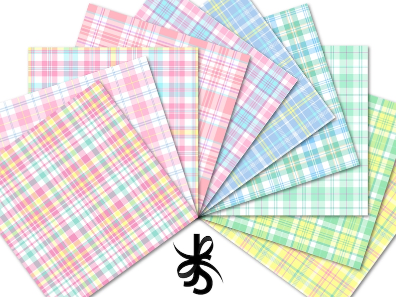 May include: A set of ten digital paper patterns featuring a plaid design in pastel colors, including pink, blue, green, and yellow.