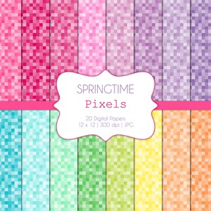 Pixels-Springtime-Digital Scrapbook Papers-Commercial Use-Pixelated-Squares-Gamers-Craft-Pink-Blue-Yellow-Printable-Instant Download