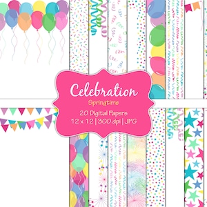 Celebration-Springtime-Digital Scrapbook Papers-Commercieel gebruik-Birthday-Party-Pink-Blue-Balloons-Confetti-Banners-Instant Download Clip Art