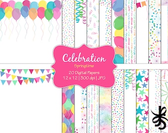 Celebration-Springtime-Digital Scrapbook Papers-Commercial Use-Birthday-Party-Pink-Blue-Balloons-Confetti-Banners-Instant Download Clip Art