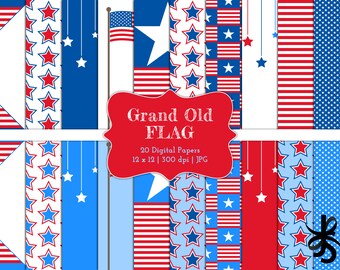 Grand Old Flag-Digital Scrapbook Papers-Commercial Use-4 juli-American-Red White and Blue-Stars-Independence Day-Instant Download illustraties