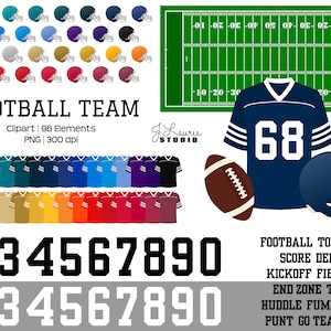 Football Team-Digital Clipart-Commercial Use-Field-Jersey-Helmet-Team Colors-Numbers-Sports-Digital Scrapbook Element-Instant Download