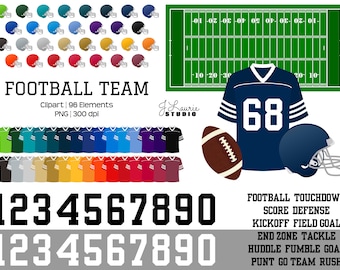 Football Team-Digital Clipart-Commercial Use-Field-Jersey-Helmet-Team Colors-Numbers-Sports-Digital Scrapbook Element-Instant Download