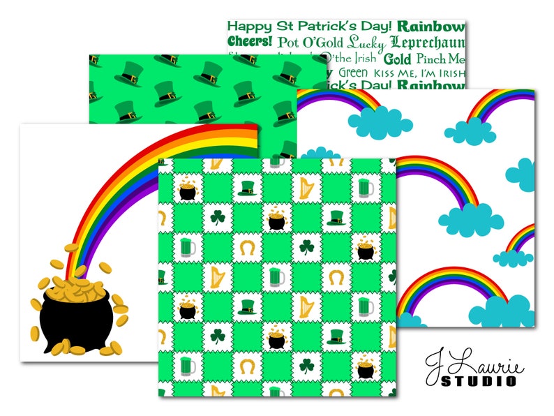 Saint Patrick's Day-Digital Scrapbook Papers-Commercial Use-Patterns-Shamrocks-Clovers-Green-Rainbows-Lucky-Irish-Instant Download Clip Art image 3