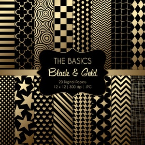Les bases-noir et or-motifs-papiers de scrapbooking numérique-utilisation commerciale-feuille-métallique-géométrique-chevron-étoiles-imprimable-téléchargement instantané
