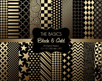 The Basics-Black and Gold-Patterns-Digital Scrapbook Papers-Commercial Use-Foil-Metallic-Geometric-Chevron-Stars-Printable-Instant Download