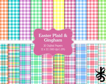 Papeles digitales para álbumes de recortes de Pascua con cuadros vichy y cuadros escoceses, uso comercial, estilo preppy, cuadros escoceses pastel, colores primaverales, imprimibles, descarga instantánea.