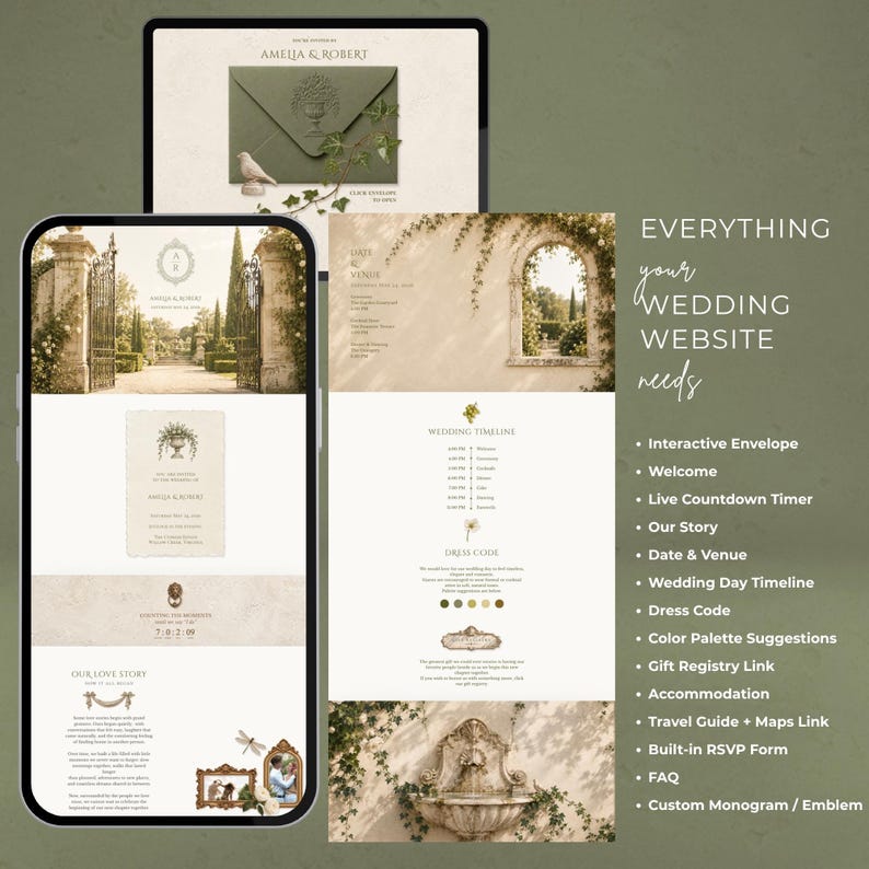Sage Green Old Money Wedding Website Template, Digital Wedding ...