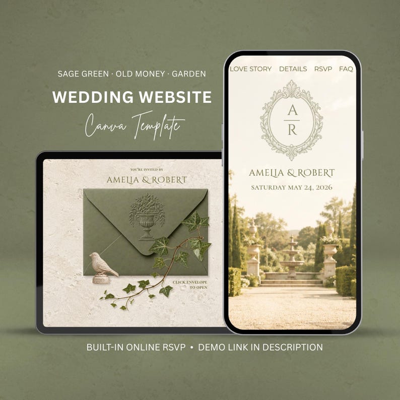 Sage Green Old Money Wedding Website Template, Digital Wedding ...