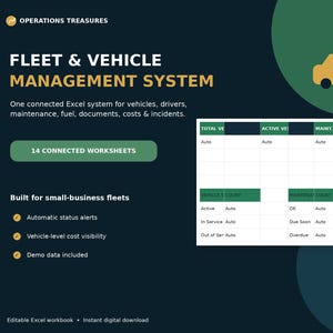 May include: A digital fleet and vehicle management system for Excel featuring 14 connected worksheets. The dark background displays the text Operations Treasures, Fleet & Vehicle Management System, and lists features like automatic status alerts.