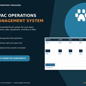 May include: A dark blue digital graphic for an HVAC Operations Management System Excel workbook. It features the text Operations Treasures, HVAC Operations Management System, and 13 Connected Worksheets, alongside a spreadsheet preview and a white paw icon.
