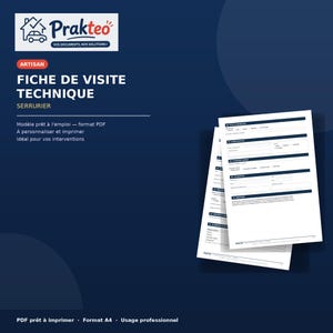 May include: A digital template for a locksmith technical visit report on a dark blue background. The document features the Prakteo logo, the text FICHE DE VISITE TECHNIQUE SERRURIER, and a stack of white A4 pages with structured form fields.
