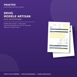 Peut inclure: Un modèle de document numérique intitulé PRAKTÉO DEVIS MODÈLE ARTISAN EXCEL PROFESSIONNEL sur fond violet. Le document présente une mise en page blanche avec des champs surlignés en jaune pour les détails clients et les calculs.