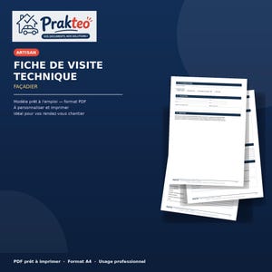 May include: A digital template for a technical site visit form for facade contractors, featuring the Prakteo logo, the text FICHE DE VISITE TECHNIQUE FAÇADIER, and multiple white A4 pages with structured fields for professional documentation.