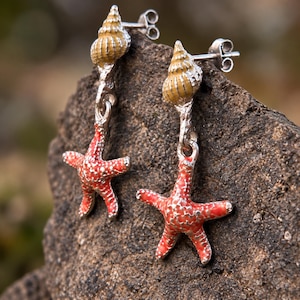 Oorbellen met zeesterren, effen of handgeëmailleerd, handgesneden schelpjes in 925 sterling zilver, koraalrode zeemeerminsieraden