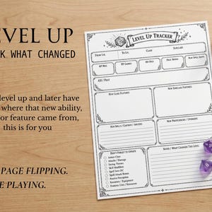 May include: A white paper Level Up Tracker sheet for tabletop roleplaying games with black ink borders and text fields. The sheet includes sections for class, subclass, HP, and new abilities. Three purple polyhedral dice and a miniature figure are nearby.