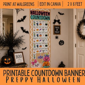 May include: A vertical Halloween countdown banner measuring 2 by 6 feet, featuring a grid of 31 days with colorful illustrations of ghosts, pumpkins, and monsters. The banner includes the text HALLOWEEN COUNTDOWN and is displayed on a wall.
