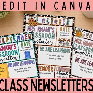 Puede incluir: Tres plantillas digitales de boletines escolares para septiembre, octubre y noviembre con el texto Mrs. Kwant's Classroom Newsletter, secciones para fechas, objetivos de aprendizaje, tareas y recordatorios, decoradas con calabazas y fantasmas.