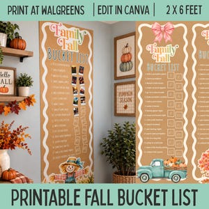 Może przedstawiać: Baner do druku Family Fall Bucket List o wymiarach 61 na 183 cm, z beżowym tłem, białymi falistymi obwódkami, różową kokardą, jasnoniebieską ciężarówką z dyniami oraz ilustracją stracha na wróble z tekstem w języku angielskim.