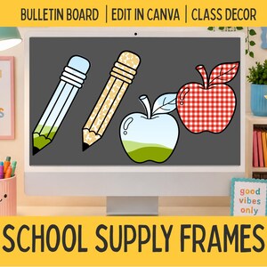 May include: A digital graphic displayed on a computer monitor featuring two pencils and two apples. One pencil is light blue and green, the other is yellow with a pattern. One apple is light blue and green, the other is red with a white gingham pattern.