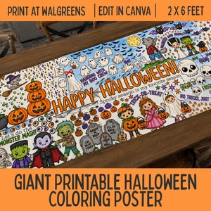 May include: A giant printable Halloween coloring poster featuring cartoon illustrations of ghosts, pumpkins, monsters, skulls, and tombstones. The text includes HAPPY HALLOWEEN!, HANGING WITH MY BOO CREW, FRIGHTFULLY FUN, NO TRICKS, JUST TREATS, and LET'S DO THE MONSTER MASH!
