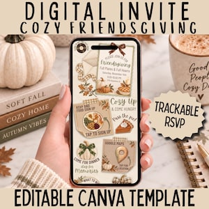 May include: A smartphone screen displaying a digital Friendsgiving invitation template with autumn-themed graphics, including pumpkins, pie, and text that reads Please Join Us For Friendsgiving, RSVP And Food Sign Up, and Tap To Sign Up.
