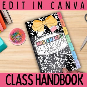Könnte beinhalten: Ein Klassenhandbuch mit einem schwarz-weißen Kompositionsheft-Design, einer gelben Schleifenillustration und dem Text "Mrs. Kwant's Classroom Handbook". Das Handbuch enthält farbige Seitenregister mit den Beschriftungen Hello, Schedule, Rules, Homework, Supplies, Technology und School Info.