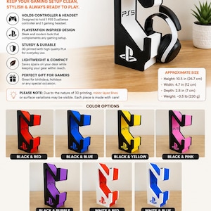 May include: A black and white 3D printed PS5 controller and headset stand featuring the PS5 logo and PlayStation symbol. The stand measures 10.5 inches in height, 4.7 inches in width, and 2.8 inches in depth, weighing approximately 0.5 pounds.