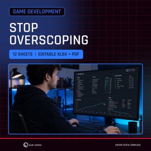 Op de afbeelding: Een digitaal projectmanagementhulpmiddel voor gameontwikkeling met 12 bladen in bewerkbare XLSX- en PDF-indelingen. De interface toont een donker dashboard genaamd ScopeLock met secties voor scope, taken, mijlpalen, voortgang en risicoanalyse.