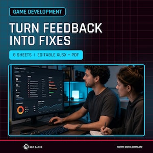 May include: A digital game development kit featuring 8 sheets in editable XLSX and PDF formats. The graphic displays the text 'GAME DEVELOPMENT', 'TURN FEEDBACK INTO FIXES', and '8 SHEETS | EDITABLE XLSX + PDF' over a dark grid background.
