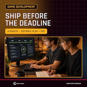 Op de afbeelding: Een digitale projectmanagementkit voor gameontwikkeling met 9 bladen in bewerkbare XLSX- en PDF-indelingen. De afbeelding toont de tekst GAME DEVELOPMENT, SHIP BEFORE THE DEADLINE en 9 SHEETS | EDITABLE XLSX + PDF op een donkere achtergrond.