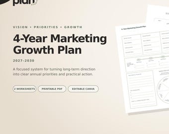 Plan de crecimiento de marketing a 4 años (2027-2030), PDF imprimible y hojas de trabajo de estrategia editables en Canva.