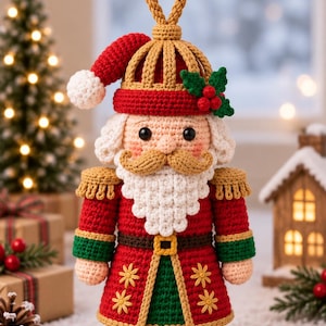 May include: A crocheted nutcracker ornament featuring a red and green coat with gold star embroidery, a white beard, a moustache, and a red hat with a white pom-pom. The figure includes a gold crown-like top with a hanging loop and holly detail.