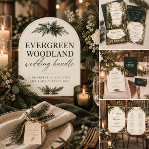 Może przedstawiać: Łukowaty zestaw papeterii ślubnej z ilustracjami gałązek iglaków i szyszek na kremowym kartonie. Tekst głosi EVERGREEN WOODLAND wedding bundle A COMPLETE COLLECTION FOR YOUR PERFECT DAY, wraz z pasującymi zaproszeniami, menu i winietkami.