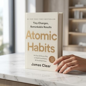 Peut inclure: Un livre relié intitulé Atomic Habits de James Clear avec une couverture crème et des lettres dorées à paillettes. Le texte indique #1 New York Times Bestseller, Tiny Changes, Remarkable Results, et An Easy & Proven Way to Build Good Habits.