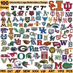 Puede incluir: Una colección digital de 100 diseños de bordado de logotipos universitarios en varios colores. La imagen muestra numerosos emblemas, mascotas y letras universitarias, con el texto 100 University Logo Embroidery Design 3 4 5 6 7 en la parte superior y los formatos de archivo PES, DST, JEF, SEW, XXX, VIP, ART, VP3 y PCS en la parte inferior.