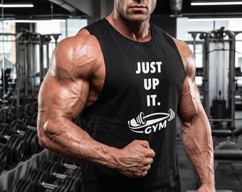 Just Up It Gym Tanktop – Workout tanktop, fitnessmotivatieshirt, Just My Life print op de achterkant, spiershirt, cadeau voor de sportschoolliefhebber