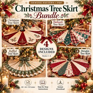 May include: A digital sewing pattern bundle for four Christmas tree skirts. The image displays four distinct circular skirt designs featuring red, green, and cream fabrics with quilted textures, floral embroidery, ruffles, and pom-pom trim.