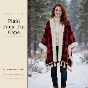 Può includere: Una mantella a quadri rossi e neri con bordo in pelliccia sintetica color crema lungo l'apertura frontale e l'orlo, arricchita da nappe decorative. Il testo recita: Sewing Pattern PDF, Plaid Faux-Fur Cape, Needlenookpatterns, Instant Download.