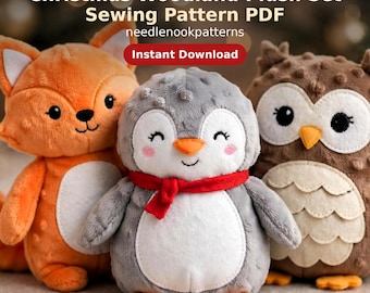 Julplysch sömnadsmönster set, Pingvin Räv Uggla Gosedjur, Nybörjarmönster i PDF-format, DIY-julleksaker