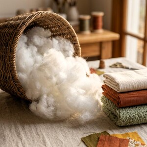 K&ouml;nnte beinhalten: Ein brauner geflochtener Weidenkorb, der auf der Seite liegt und mit flauschiger, wei&szlig;er Polyester-F&uuml;llwatte gef&uuml;llt ist. Neben dem Korb liegt ein Stapel aus drei gefalteten Stoffquadraten in Creme, Rostorange und Salbeigr&uuml;n sowie kleine Stoffmuster.