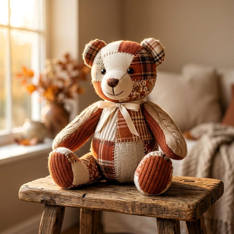 K&ouml;nnte beinhalten: Ein Patchwork-Teddyb&auml;r aus verschiedenen Stofftexturen, darunter braun-wei&szlig; karierte Muster, Fischgr&auml;tmuster, Zopfstrick und florale Designs. Der B&auml;r hat schwarze Knopfaugen, eine gestickte Nase und einen Mund sowie eine cremefarbene Schleife.