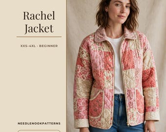 Patrón de costura en PDF para chaqueta Rachel, patrón de chaqueta acolchada con cremallera y patchwork, abrigo de invierno para principiantes con cuello alto.